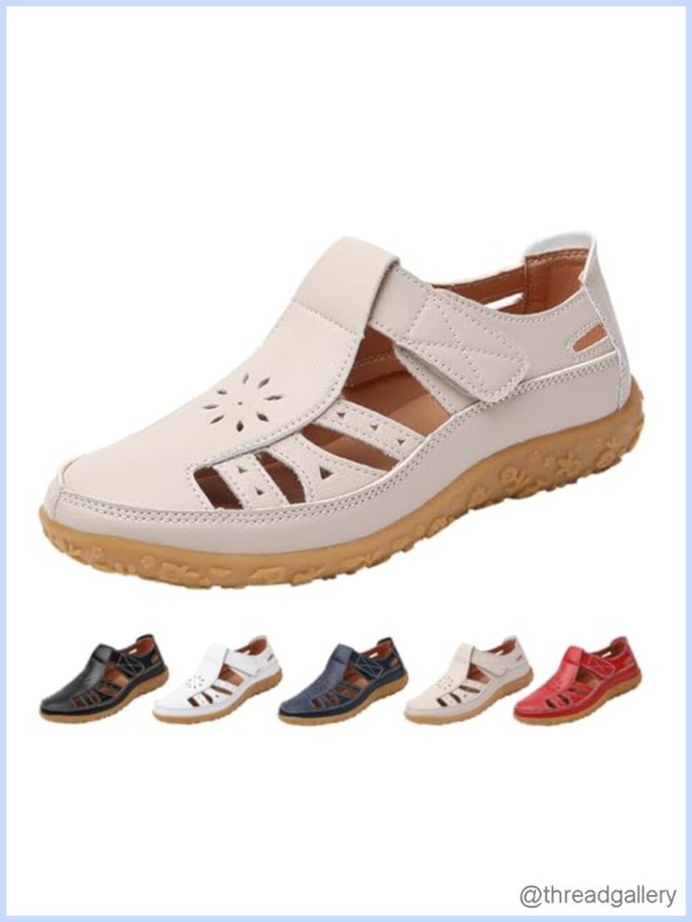 Women's Leather Closed Toe Casual Flat Sandals Adjustable Ankle Strap Cutout